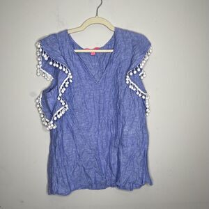 Lilly Pulitzer Shirt Womens Large Blue Astara Pom Pom Flutter Sleeve Boho Top